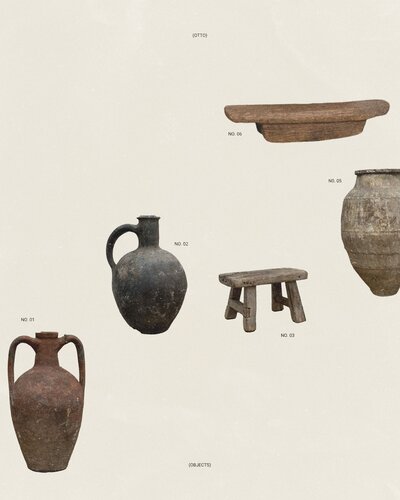 A collection of ceramic objects, including two jugs and a stool, with labels 'No. 01', 'No. 02', 'No. 03', and 'Objects' on a cream background.