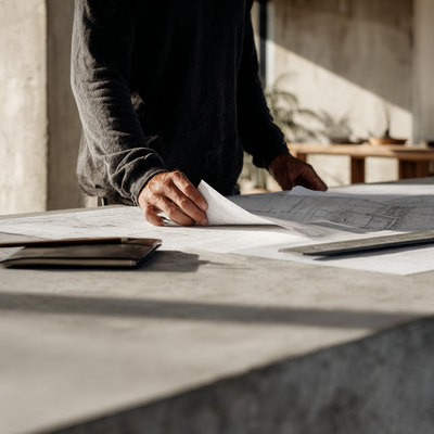 Close-up of a construction project manager reviewing site plans during preconstruction planning phase.