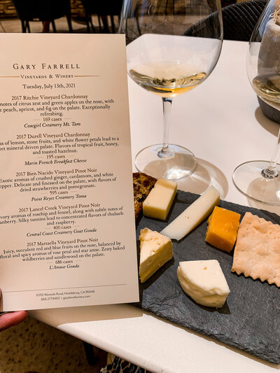 Photo of Gary Farrell Winery Menu with glass of wine and cheese photo by AMALYN STYLE + SOCIAL 