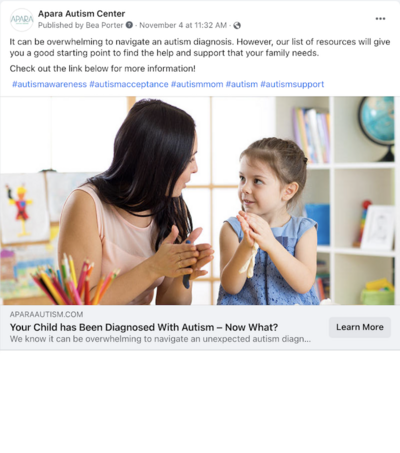 Apara Autism Center social post created by the Bea Connected Team talking about diagnosing autism