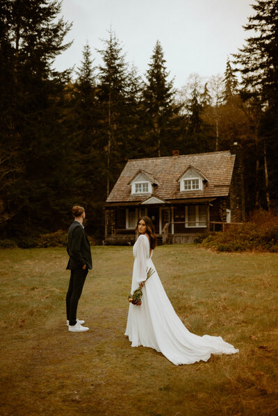Intimate elopement ceremony in the lush, misty forests of Olympic National Park, Washington.