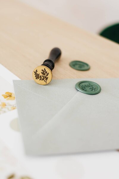 Wax Seal Stamp with Eucalyptus Leaves and Envelopes