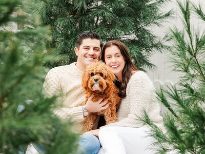 Husband, wife, and dog sitting by small live Christmas trees outdoors.