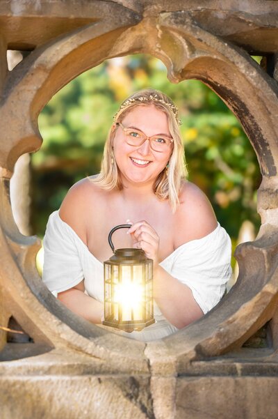 Fairy Godmother of Brand Storytelling holding a glowing lantern, standing behind a round, beige brick window