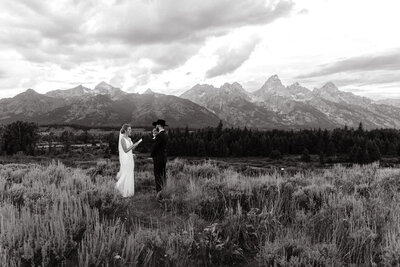 photo of bride and groom standing outside with mountains in the distance taken by jackson hole wedding and elopement photographer