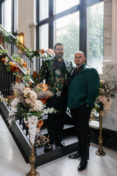 LGBTQ couple posing for newlywed. portraits at Citizens Ballroom