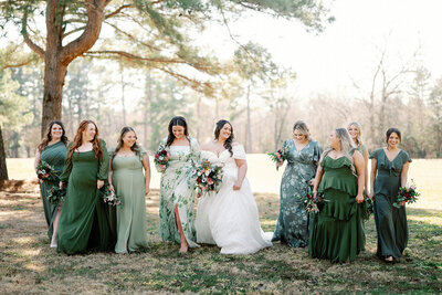bridesmaids bride forest green dress shades of green dress wedding east texas rosewood venue mount vernon