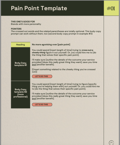 example website copy template makeover your websites personality pain point template