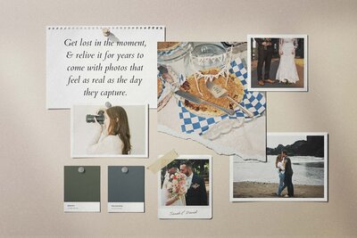 A mood board with photos, text, and color samples, representing an example of a custom web design package for photographer Among the Oaks. 
