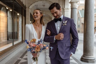 Trendy editorial portrait, downtown Calgary wedding inspiration, featured on Bronte Bride, showcasing beautiful wedding inspiration, real local couples, and amazing Canadian Wedding Vendors.