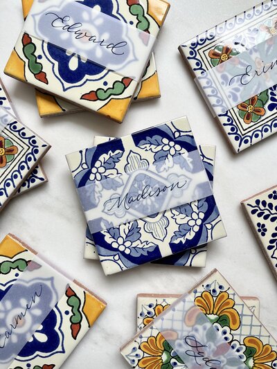 Patterned tile place cards with navy blue calligraphy for Stamford Yacht Club wedding in Connecticut