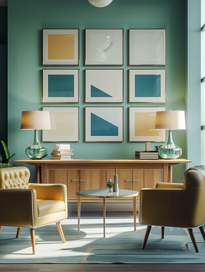 Modern living room interior with geometric wall art, mid-century furniture, and complementary color scheme for Amy Posner, a creative freelancer business coach.