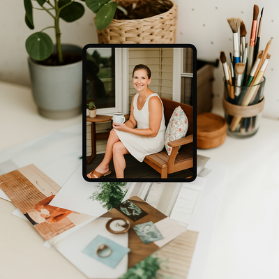 Flat lay of printed dating portraits with art supplies and a smiling woman sitting on a patio holding coffee, representing relaxed online dating photography in Minneapolis.