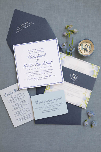 Light and airy wedding invitation suite with custom calligraphy