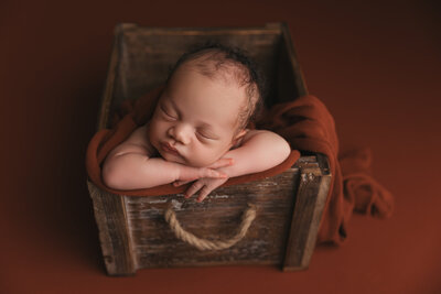 baby in rustic crate for newborn session in phoenix  baby studio