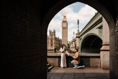 Bride and groom posing for portrait with white walls