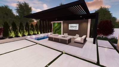 Modest backyard design  with modern fire pit area, and luxury pergola with spool.