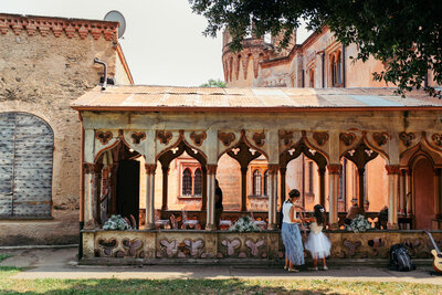 A stunning view of the exquisite Italian wedding venue, Castello del Roccolo, capturing the historic charm and picturesque surroundings that make it a truly beautiful setting for weddings