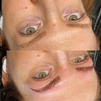 A close up video of a woman who just received an eyebrow lamination from Brittney at Syked about Beauty