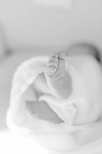 A black and white detail photo of a newborn baby's feet while they lay semi-swaddled