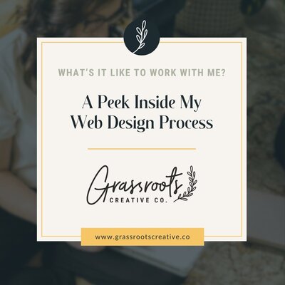 Square graphic with text: "From Vision to Reality: A Guided Web Design Process," set against the Grassroots Creative Company workspace.