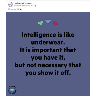 Facebook post for Undies for Everyone about intelligence being like underwear