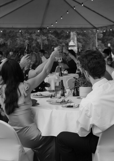 black and white photo of a destination wedding reception