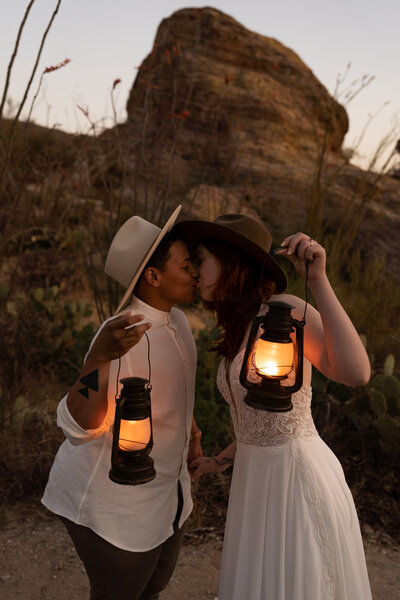Elopement couple in wedding attire on Mount Lemmon, Tucson, Arizona.