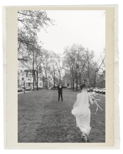 bride walking slowly under tree canopy during a calm wedding morning in Kansas

