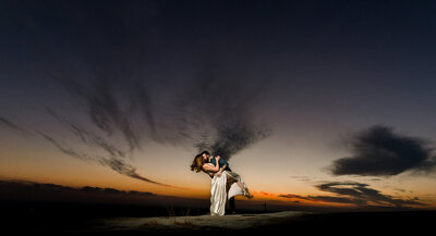 Bride and groom walk up memorial steps at their DC wedding