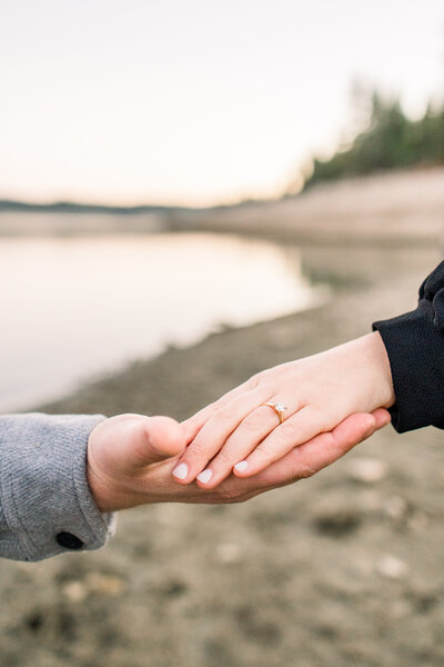 An engaged couple holds hands during their engagement photos at Shaver Lake