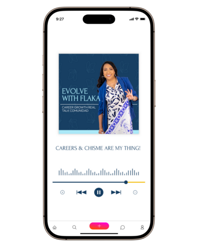 Career podcast for women in business displayed on a cellphone mockup by HR Mami Career Coaching.