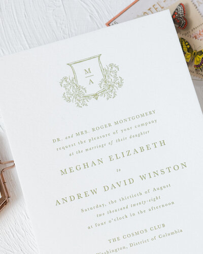 letterpress monogram crest wedding invitation suite
