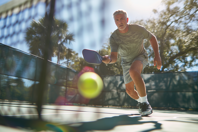 Intermediate pickleball players in an intense practice drill, focused on ready position with paddles up, preparing for the next shot on an outdoor court - LifeNBalance Pickleball Coaching with Mark Sullivan