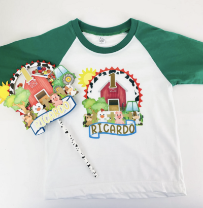 Farm birthday shirt for boy with farm cake topper, red barn and personal name