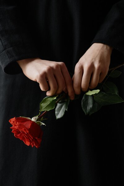 Close up of person in black holding red rose