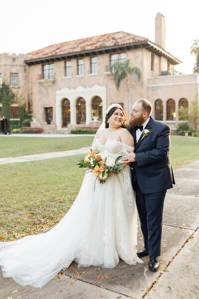 Bride and groom walk up memorial steps at their DC wedding