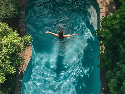 a woman's back in a pool, arms open, bird's eye view