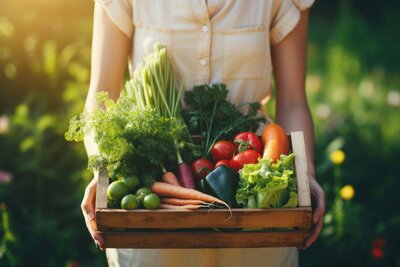 Female farmer holding a box of produce, presenting the Mercado Popular Harvest Box.