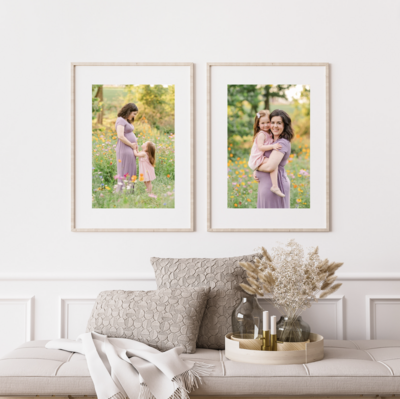 Gallery wall, with two large images of mother and daughter, standing in a wildflower field in york pa