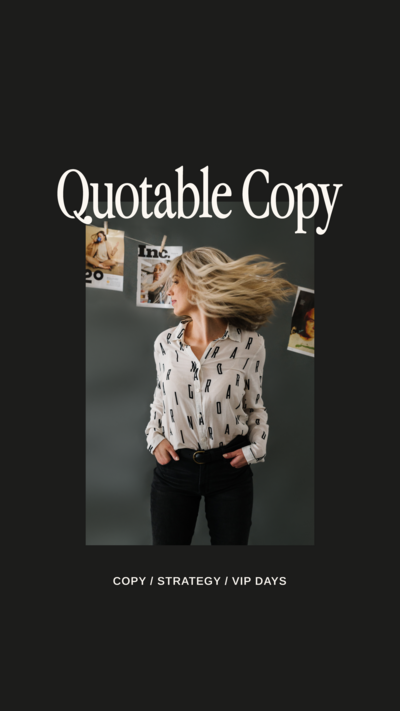 Quotable Copy logo on top of image of Sarah Klongerbo shaking her hair on top of a black background