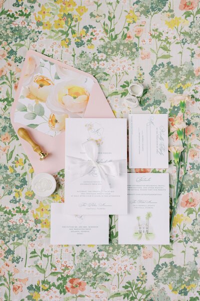 flatlay of an invitation suite in botanical green, each and yellow colors