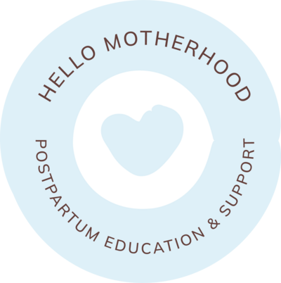 Circular logo with simple heart icon and the words "Hello Motherhood"