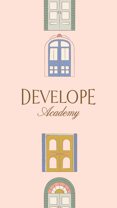 Develope Academy logo with quirky door illustrations