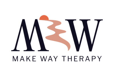 The Make Way Therapy logo, a navy blue capital M and a capital W with a winding path leading into the warm orange sunset between them. Below it in sleek font reads Make Way Therapy