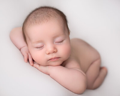 Young newborn baby resting on hands in a Cleveland newborn photography studio