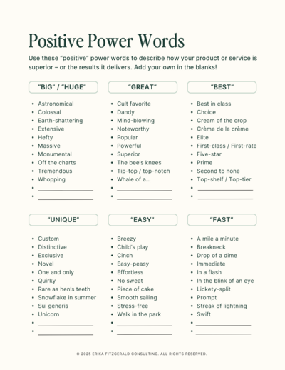 An internal PDF page showing persuasive power words to use in your website copy