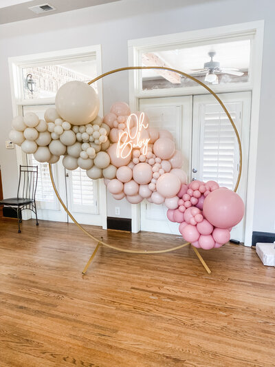 Neutral boho baby shower  balloons with oh baby neon sign