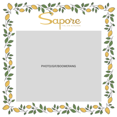 Square layout with illustrated herb and leaf border surrounding the photo area and “Sapore” logo.