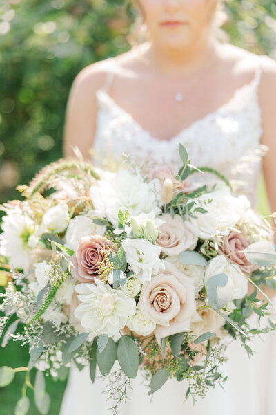 a bride holding a flower bouquet
